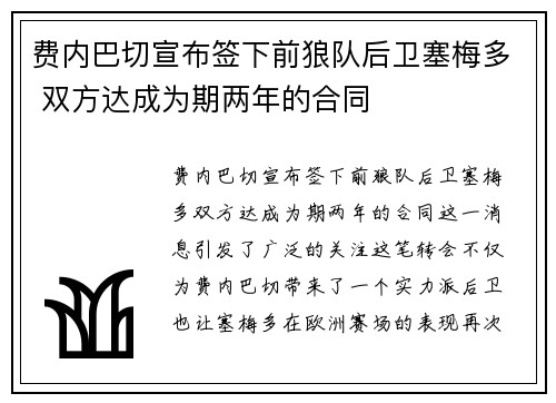 费内巴切宣布签下前狼队后卫塞梅多 双方达成为期两年的合同