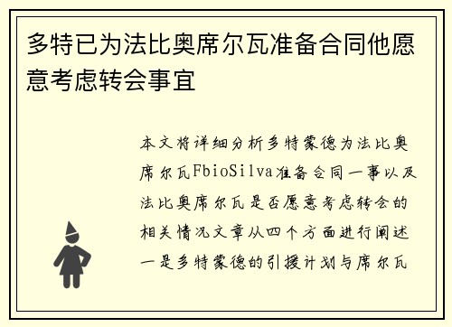 多特已为法比奥席尔瓦准备合同他愿意考虑转会事宜