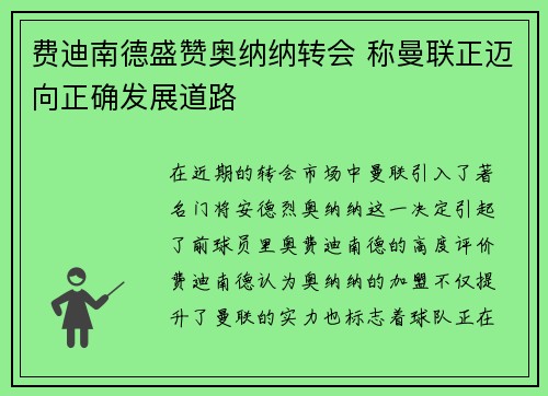 费迪南德盛赞奥纳纳转会 称曼联正迈向正确发展道路